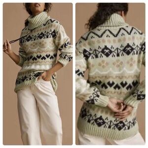 Anthropologie Green and Black Patterned Turtleneck Sweater